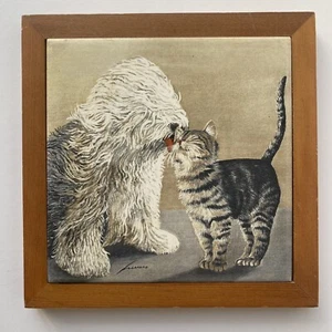 VTG Komondor Dog Licking Kitty Cat Lowell Herrero Ceramic Framed Tile/Trivet  - Picture 1 of 9