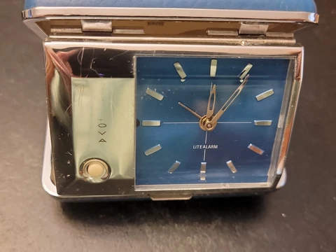 VINTAGE BULOVA LITE-ALARM TRAVEL CLOCK Blue Silver lighted WORKING Cover