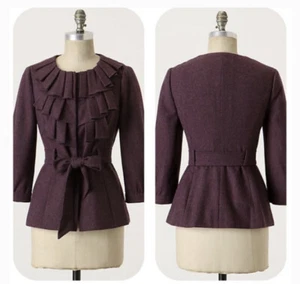 Tabitha Anthropologie Foliage Finder Purple Pleated Belted Wool Jacket Size 4 - Picture 1 of 5