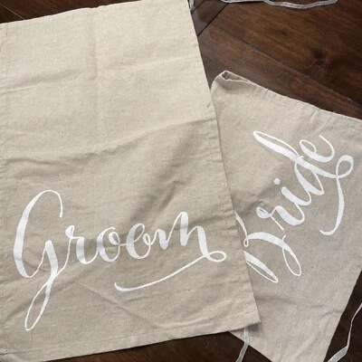 Bride & Groom Wedding Chair Decor Burlap Fabric Signs Rustic Country Beige/White - Image 1 of 3