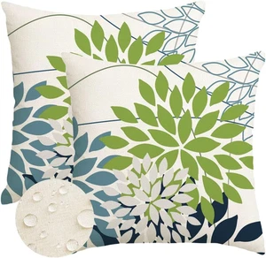 Outdoor Pillow Covers 18X18 Inch Set of 2 Green Blue Flower Decorative Waterproo - Picture 1 of 12