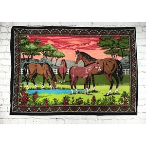 Vintage 70s Velvet Horse Tapestry Panel Wall Hanging Fabric Western Decor - Picture 1 of 19