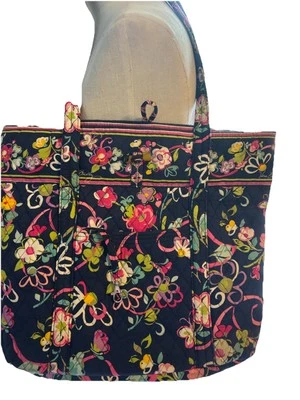 Vera Bradley Navy Blue Floral Ribbon Tote Lg handbag Purse - Image 1 of 4