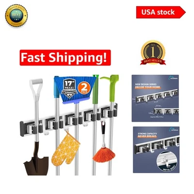 Soporte para escoba de 5 estantes que ahorra espacio con ganchos ajustables para hogar y jardín Foto 1 de 4