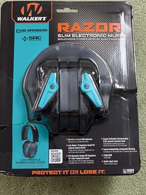 Walker’s Razor Slim Electronic Muff (Black/Teal) - Image 1 of 3