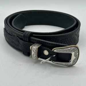 Cintura western Schaefer in pelle nera design 42 lavorati fibbia argento oro - Foto 1 di 13