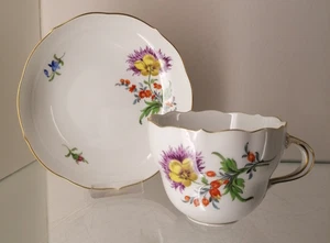 Taza de café Meissen platillo 2 piezas flor colorida II con borde dorado - Imagen 1 de 13
