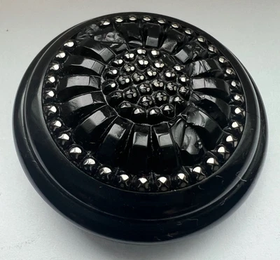 XL Vintage Black carved bakelite button imitating glass~1-11/16"~A9~(FLAWED) - Image 1 of 4