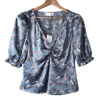 WAYF Dusty Blue Floral Puff Sleeve Top | Size Small | NWT - Image 1 of 4