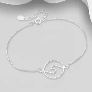 925 Sterling Silver Circle Ocean Wave Charm Chain Bracelet Women Girls Nautical - Picture 1 of 2
