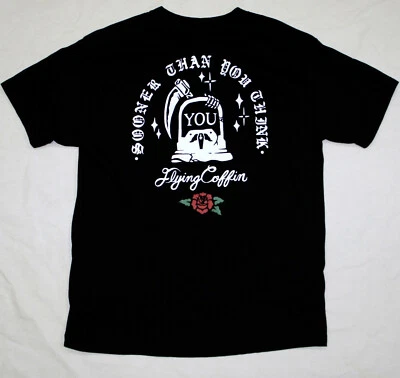 Camiseta masculina preta FLYING COFFIN Morte Súbita G tatuagem rosa ceifador túmulo - Imagem 1 de 4