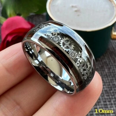 10MM Men Women Gear Ring Cool Tungsten Carbide Ring Wood Inlay Domed Polish Ring - Image 1 of 4