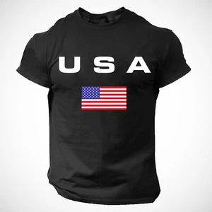 American USA Flag Men's T-Shirt Gym Patriotic Training Bodybuilding 100% Cotton - Picture 1 of 11