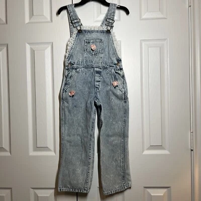 VTG For Kids Sake Acid Wash Girls Denim Bib Overalls Rhinestones Lace Roses Sz 6 - Image 1 of 4