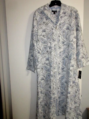 MISS ELAINE Bata Larga Cremallera Frontal Paisley Floral 871002 Gris Azul ~ M $94 Nueva con Etiquetas Foto 1 de 4
