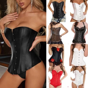 Women Gothic Bustier Boned Overbust Corset Burlesque Basque Top Lace Up Costume - Picture 1 of 33