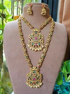 Gold Plated Temple Indian Women Set Wedding Bollywood Party Jewelry Necklace - Picture 1 of 2