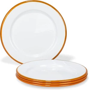 Set of 4 Enamelware Metal Classic 8" round Salad Plate, Solid White/Orange Rim - Picture 1 of 1