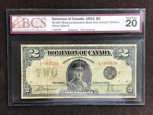 BANKNOTE DOMINION OF CANADA 1923 $2 TWO DOLLARS #L-385528 BCS 20 VF - Picture 1 of 6