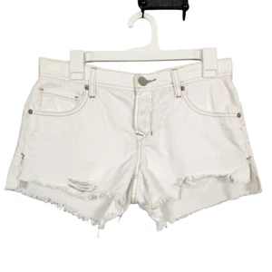 FREE PEOPLE White Button Fly Distressed Raw Hem Cut Off 3" Denim Shorts SIZE 25 - Picture 1 of 12