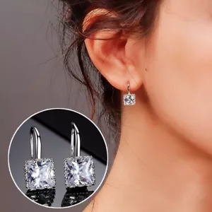 Square Stone Drop Hook Earrings 925 Sterling Silver Womens Girls Jewellery Gift - Picture 1 of 4