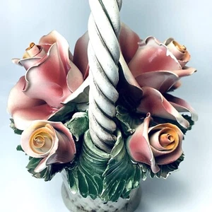 Capodimonte Porcelain Pink Roses Basket Italy Handmade 10" H X 6" With FLAWS - Picture 1 of 12