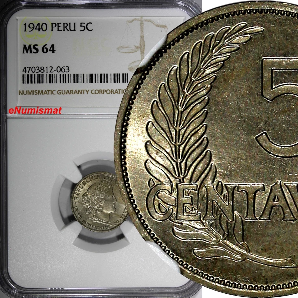 PERU Copper-Nickel 1940 5 Centavos NGC MS64 TONING TOP GRADED KM# 213.2 (063) - Image 1 of 4