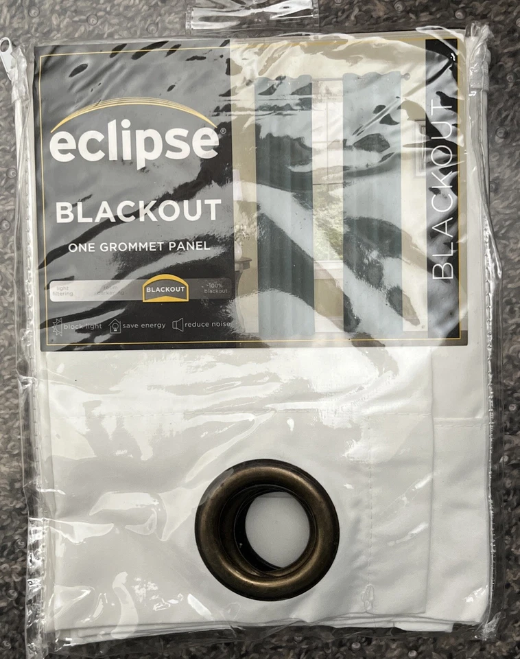 1 NEW WHITE BLACKOUT GROMMET PANEL, CURTAINS. ECLIPSE 42" X 63", MICROFIBER. - Image 1 of 1
