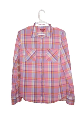 Blusa Merona para mujer talla M rosa/púrpura a cuadros mangas largas bolsillos con botones Foto 1 de 4