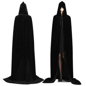 Halloween Velvet Cloak Hooded Cape Long Fancy Dress Costumes Cosplay Wear Black - Picture 1 of 18