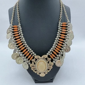 De colección 16-18” Boho Chic Colgante Babero Collar Naranja Negro Cuentas con Monedas de Imitación - Imagen 1 de 13