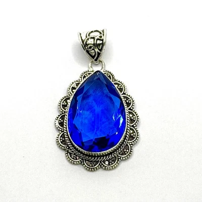 Colgante Lágrima Estilo Vintage - Piedra Azul Creada | Tono Plata | 14,67g,4cm Foto 1 de 4