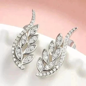 1.25 Ct Round Cut Moissanite Wedding Leaf Stud Earrings Gift 14K White Gold Over - Picture 1 of 8