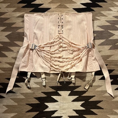 Corsé de encaje vintage de 1920 con abanico de campamento rosa melocotón faja antigua lona raro Foto 1 de 4