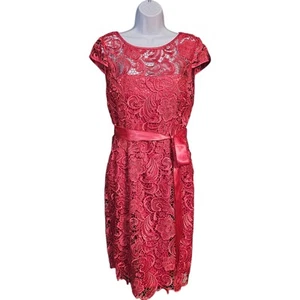 ADRIANNA PAPELL Cap Sleeve Illusion Pink Lace Sheath Dress Size 12 - Picture 1 of 11