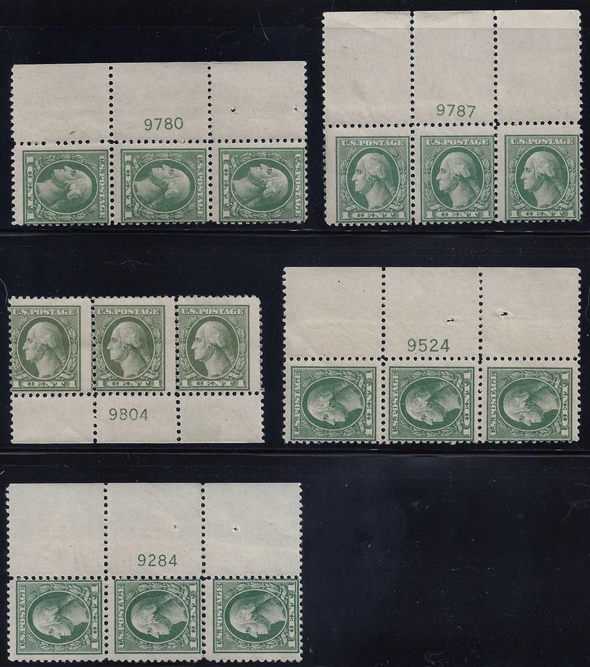 525 - 5 Different Pl# Strips of 3 Cat $90 as Singles $250 as Pl# Blocks6 Mint NH - Image 1 of 1