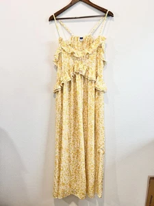 Maxi Vestido Para Mujer Antiguo Azul Marino Amarillo Floral Volantes XL Boho Verano Solero - Imagen 1 de 10