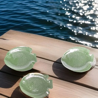 3 Fish Shaped Clear Glass Cocktail Pool Sushi Plates 10" x 8" Ocean Nautical  - Image 1 of 4