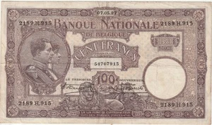 Belgium 100 Francs Banknote 1927 Very Fine Condition-25 Pick#95 King & Queen - Picture 1 of 2