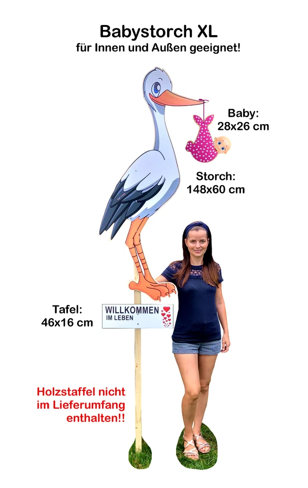 XL 148 cm Storch aus Holz zur Geburt Baby-Storch & Tafel & Baby in ROSA SET - Bild 1 von 3