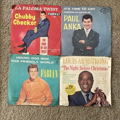 Lot of 4 Sleeve 45's- Chubby Checker, Fabian, Louis Armstrong, Paul Anka - Image 1 of 4