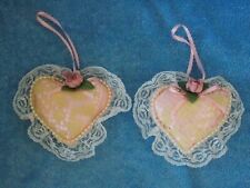 Lot Of 2 Beaded Satin Lace Rose Pink & White Heart Victorian Christmas Ornament