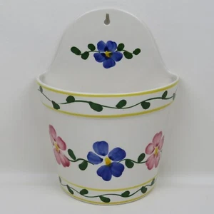 Hand Painted Ceramic Wall Pocket Planter Vase 8x6x3 Blue & Pink Flowers Portugal - Picture 1 of 9