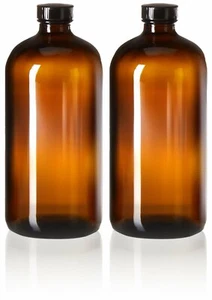 2 Pack - 32oz Boston Round Amber Glass Growler - with Phenolic Poly Cap - Picture 1 of 3