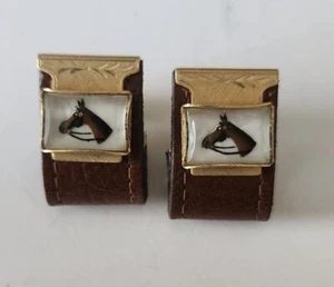 Painted Glass Horses Vintage ANSON Cuff Links rodeo parade hunter jumper Leather - Picture 1 of 12