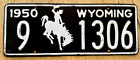 1950 WYOMING PASSENGER AUTO LICENSE PLATE  " 9 1306 " WY 50 ALL ORIGINAL COND.