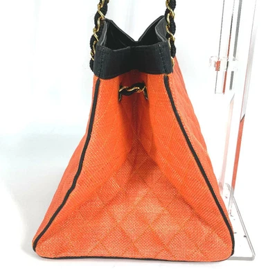 Chanel bicolor bag quilted Double Chain Tote Bag Straw/Leather Orange.    Auth - Image 1 of 4