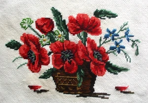 Poppies Needlepoint Finished Vintage Floral Completed Poppy Art Flower Basket - Picture 1 of 6