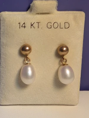 NEW~14k Yellow Gold~**GENUINE FRESHWATER PEARL  DANGLY STUD EARRINGS**~BOXED - Image 1 of 4