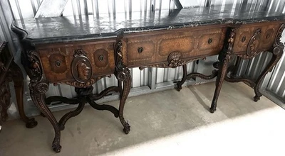 Antique Estate Walnut Black White Vein Marble Top Figural Sideboard Server - Image 1 of 4